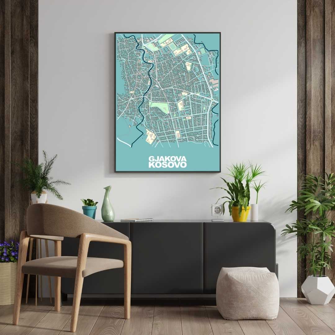 COLOURED ROAD MAP OF GJAKOVA, KOSOVO BY MAPBAKES