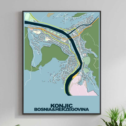 COLOURED ROAD MAP OF KONJIC, BOSNIA & HERZEGOVINA BY MAPBAKES