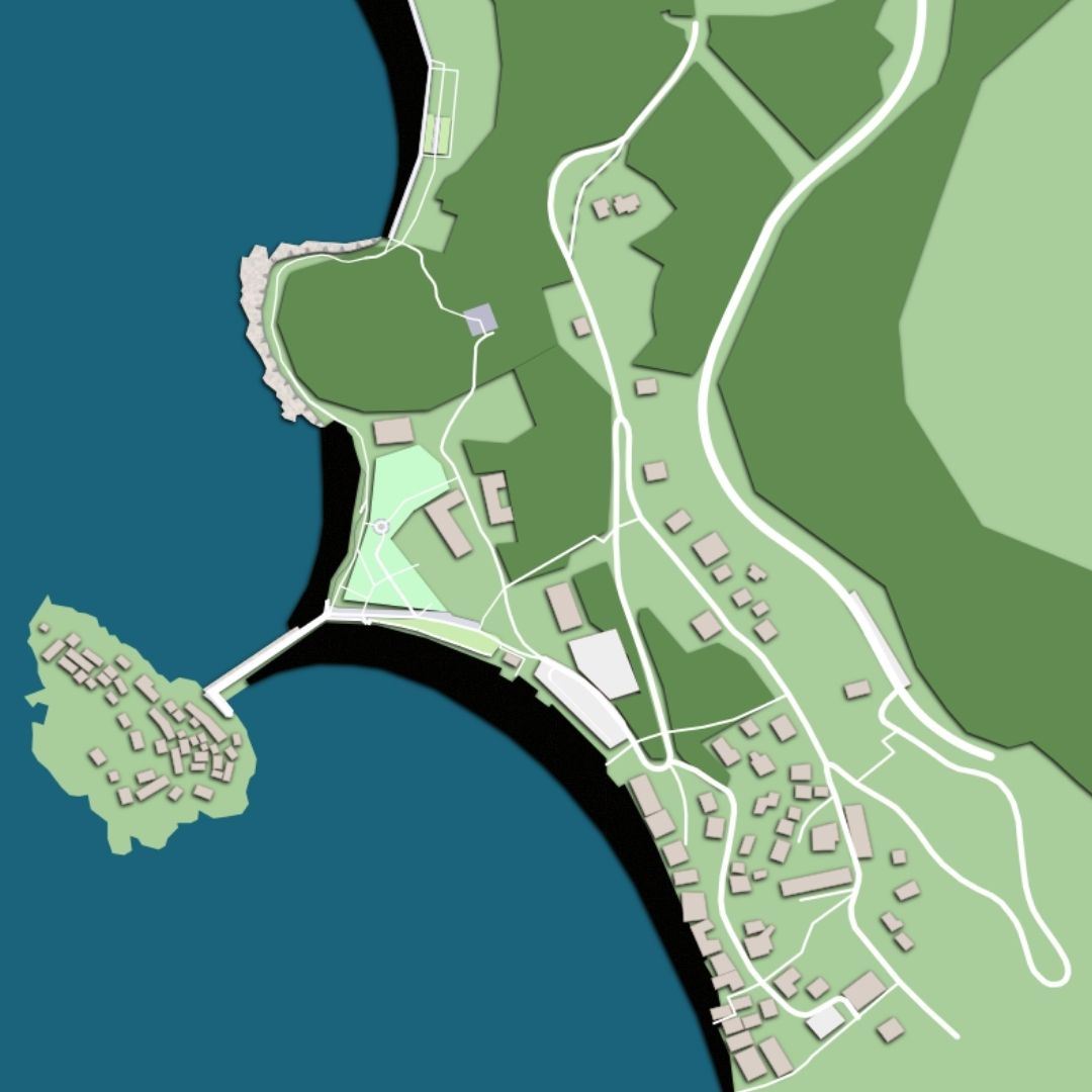 COLOURED ROAD MAP OF SVETI STEFAN, MONTENEGRO BY MAPBAKES