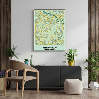 COLOURED ROAD MAP OF SHEFFIELD, ENGLAND BY MAPBAKES