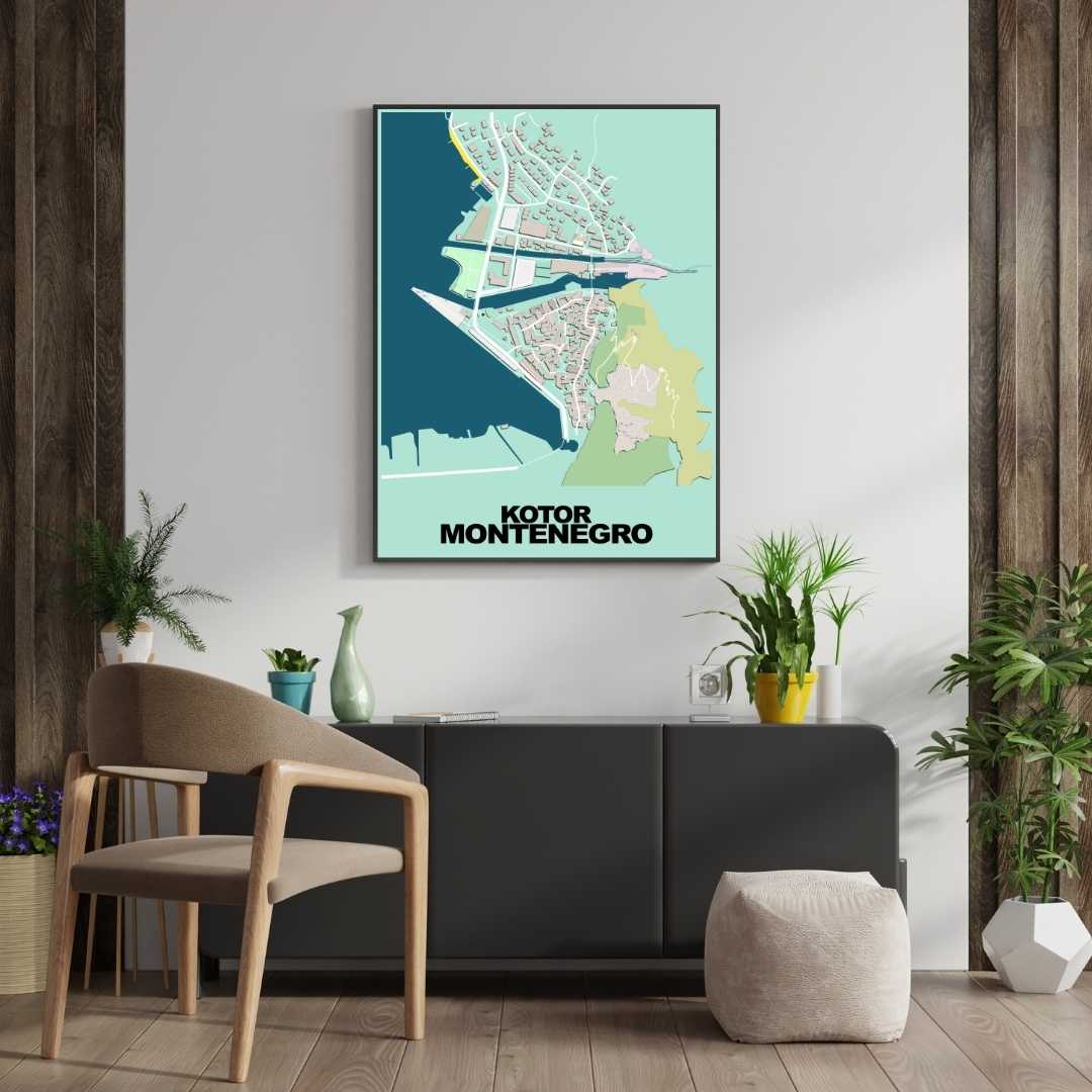 COLOURED ROAD MAP OF KOTOR, MONTENEGRO BY MAPBAKES