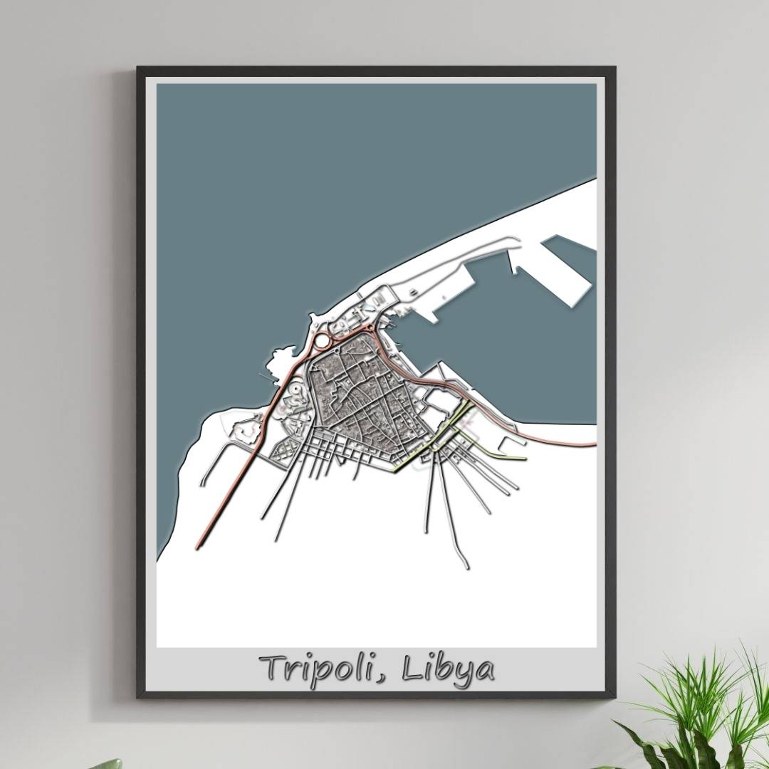 COLOURED ROAD MAP OF TRIPOLI, LIBYA BY MAPBAKES