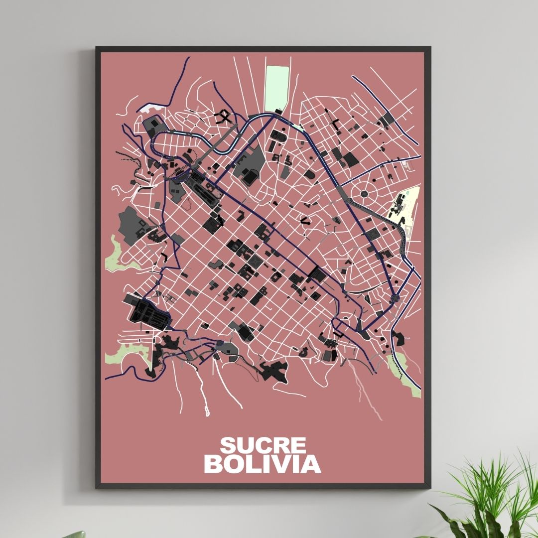 COLOURED ROAD MAP OF SUCRE, BOLIVIA BY MAPBAKES