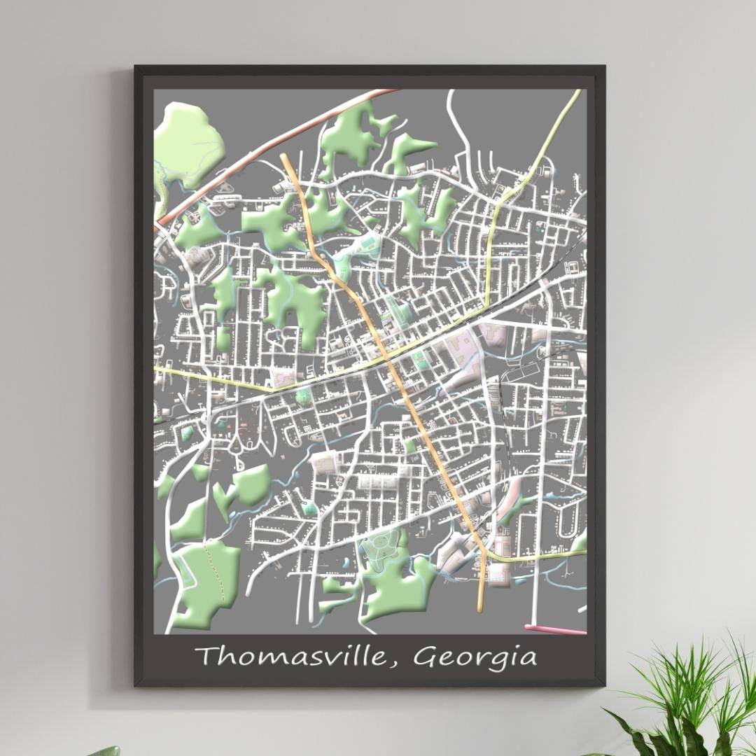 COLOURED ROAD MAP OF THOMASVILLE, GEORGIA BY MAPBAKES