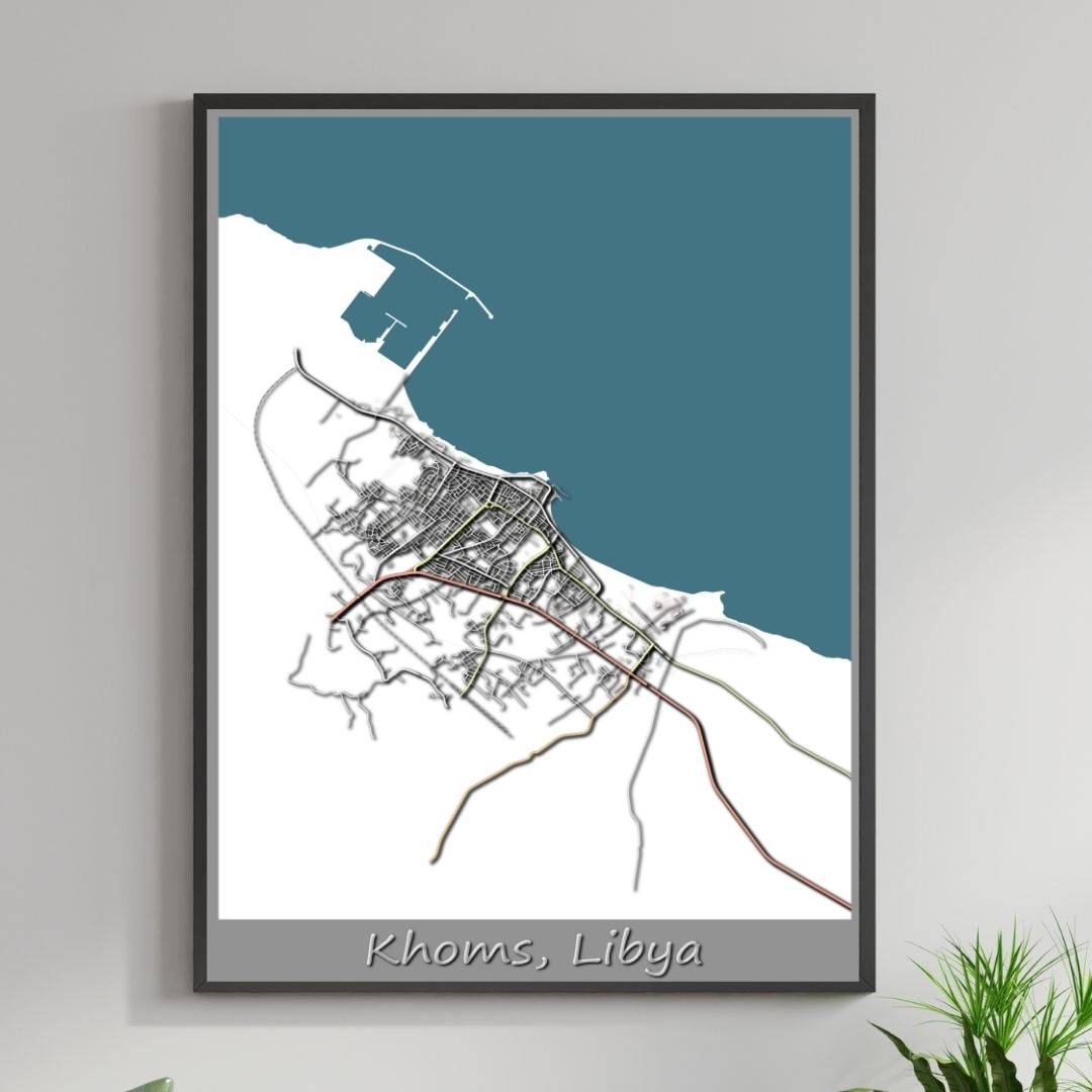 COLOURED ROAD MAP OF KHOMS, LIBYA BY MAPBAKES