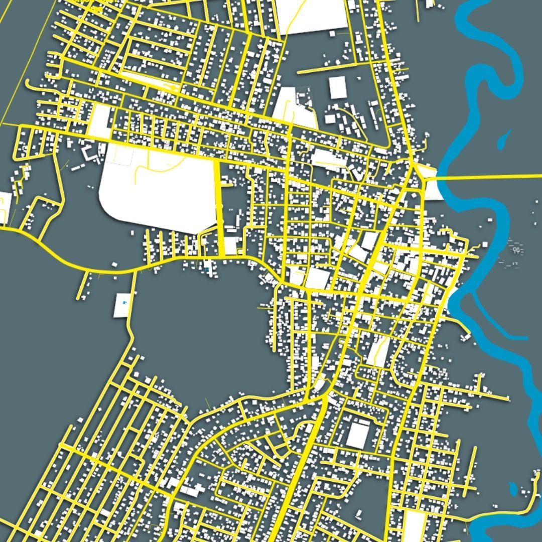 COLOURED ROAD MAP OF ORANGE WALK, BELIZE BY MAPBAKES