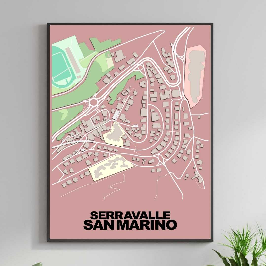 COLOURED ROAD MAP OF SERRAVALLE, SAN MARINO BY MAPBAKES