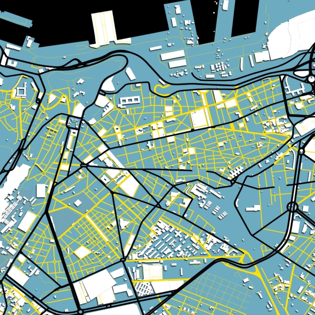 COLOURED ROAD MAP OF ORAN, ALGERIA BY MAPBAKES