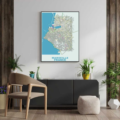 COLOURED ROAD MAP OF MARSEILLE, FRANCE BY MAPBAKES