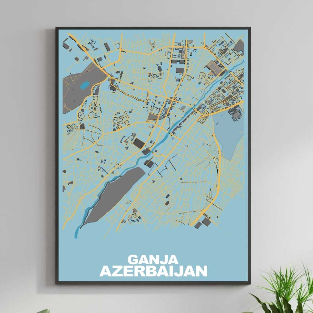 COLOURED ROAD MAP OF GANJA, AZERBAIJAN BY MAPBAKES