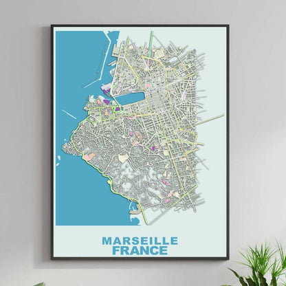 COLOURED ROAD MAP OF MARSEILLE, FRANCE BY MAPBAKES