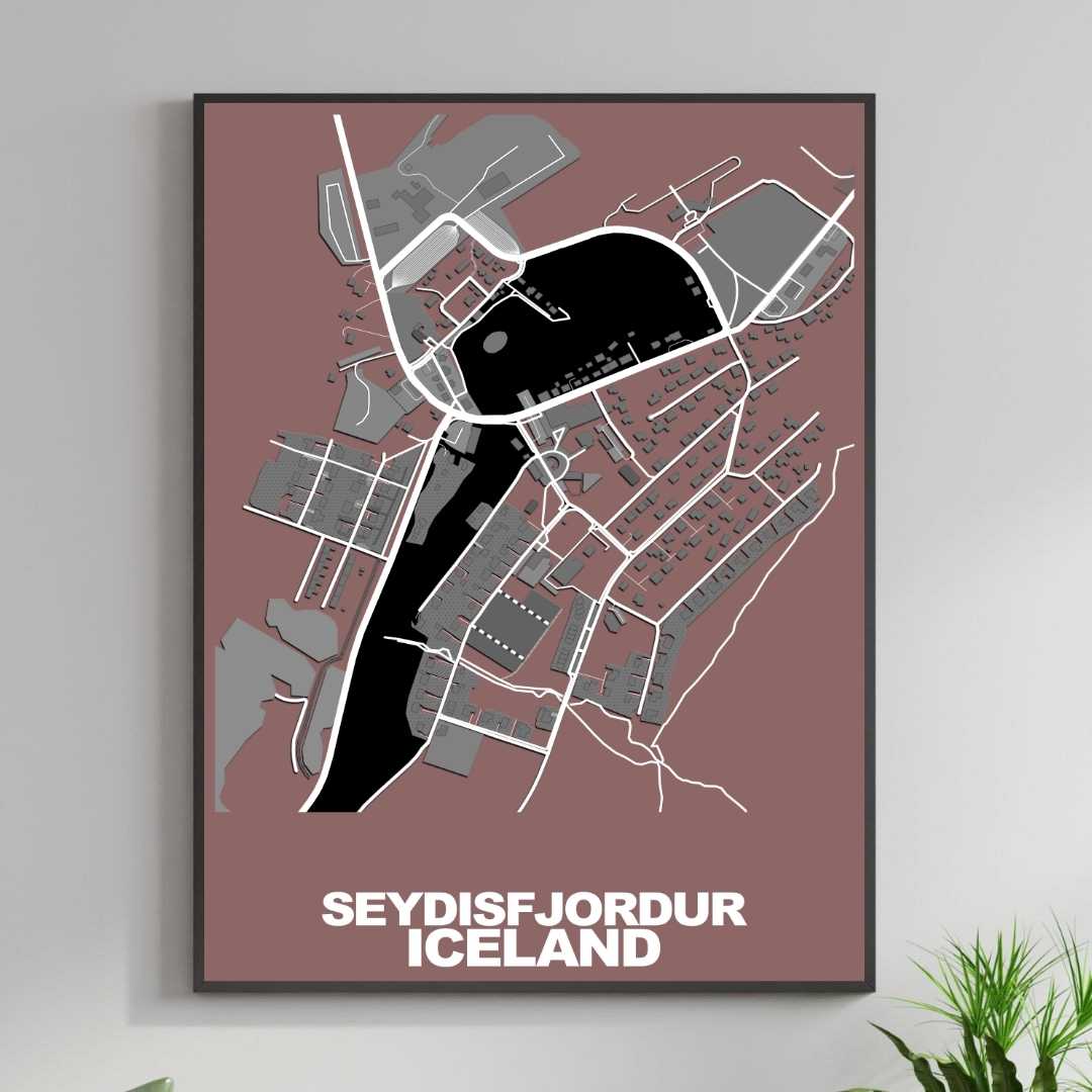 COLOURED ROAD MAP OF SEYDISFJORDUR, ICELAND BY MAPBAKES