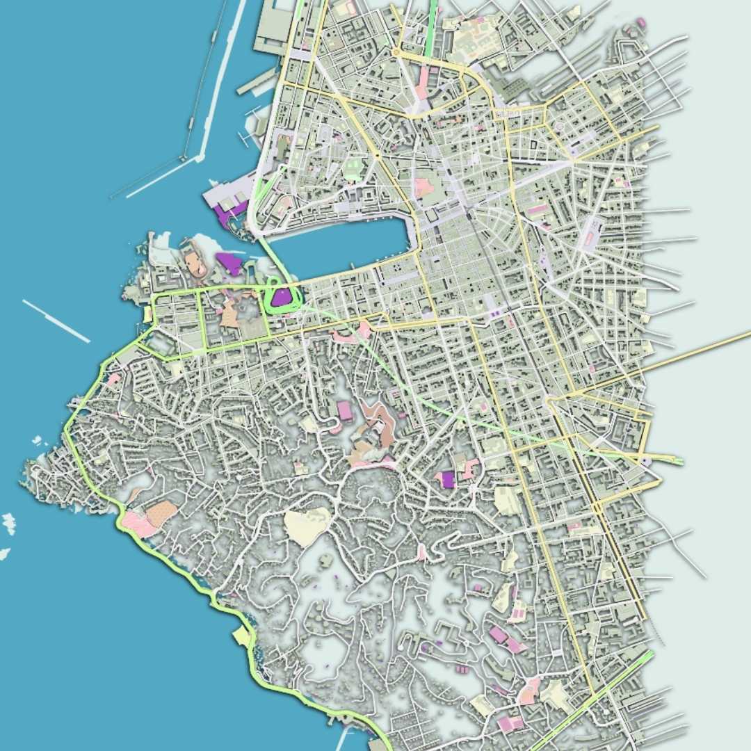 COLOURED ROAD MAP OF MARSEILLE, FRANCE BY MAPBAKES