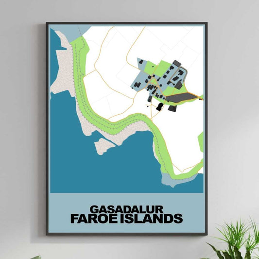 COLOURED ROAD MAP OF GASADALUR, FAROE ISLANDS BY MAPBAKES