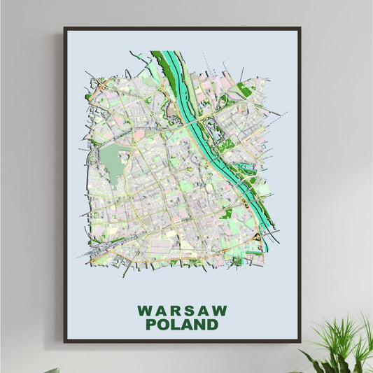 COLOURED ROAD MAP OF WARSAW, POLAND BY MAPBAKES