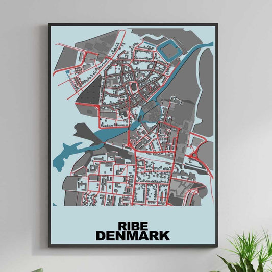 COLOURED ROAD MAP OF RIBE, DENMARK BY MAPBAKES