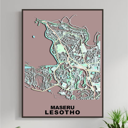 COLOURED ROAD MAP OF MASERU, LESOTHO BY MAPBAKES