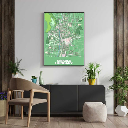 COLOURED ROAD MAP OF MISKOLC, HUNGARY BY MAPBAKES