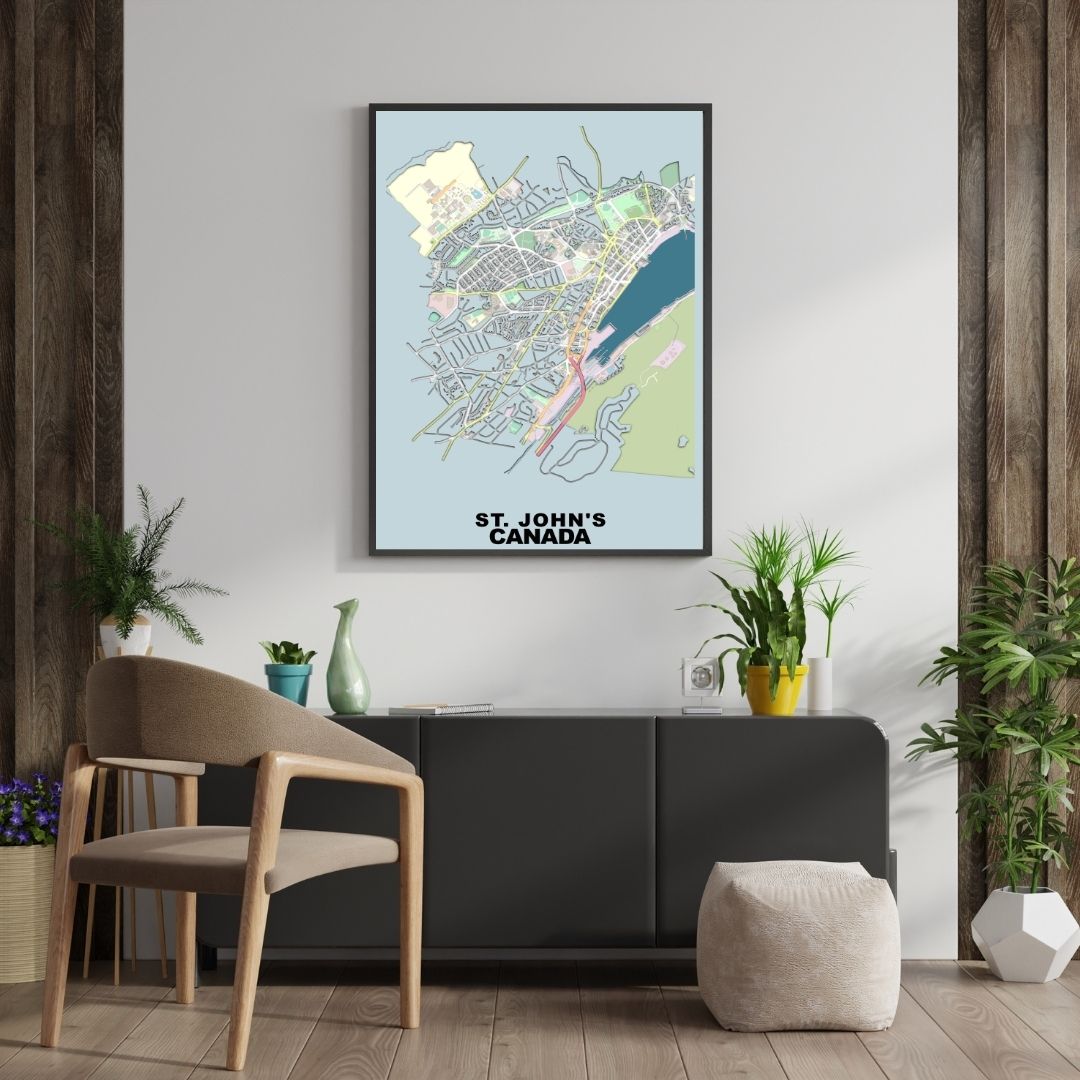 COLOURED ROAD MAP OF ST.JOHN'S, CANADA BY MAPBAKES