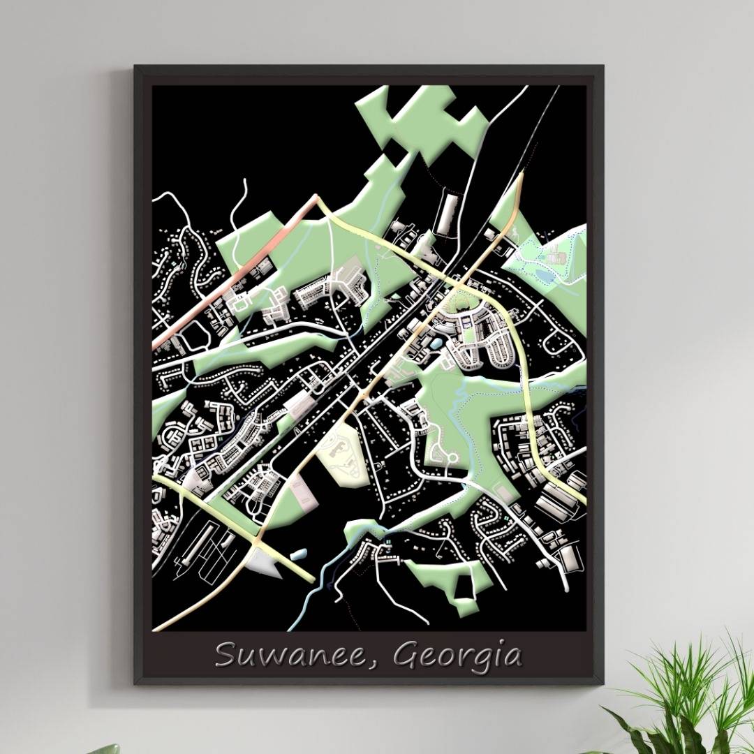 COLOURED ROAD MAP OF SUWANEE, GEORGIA BY MAPBAKES