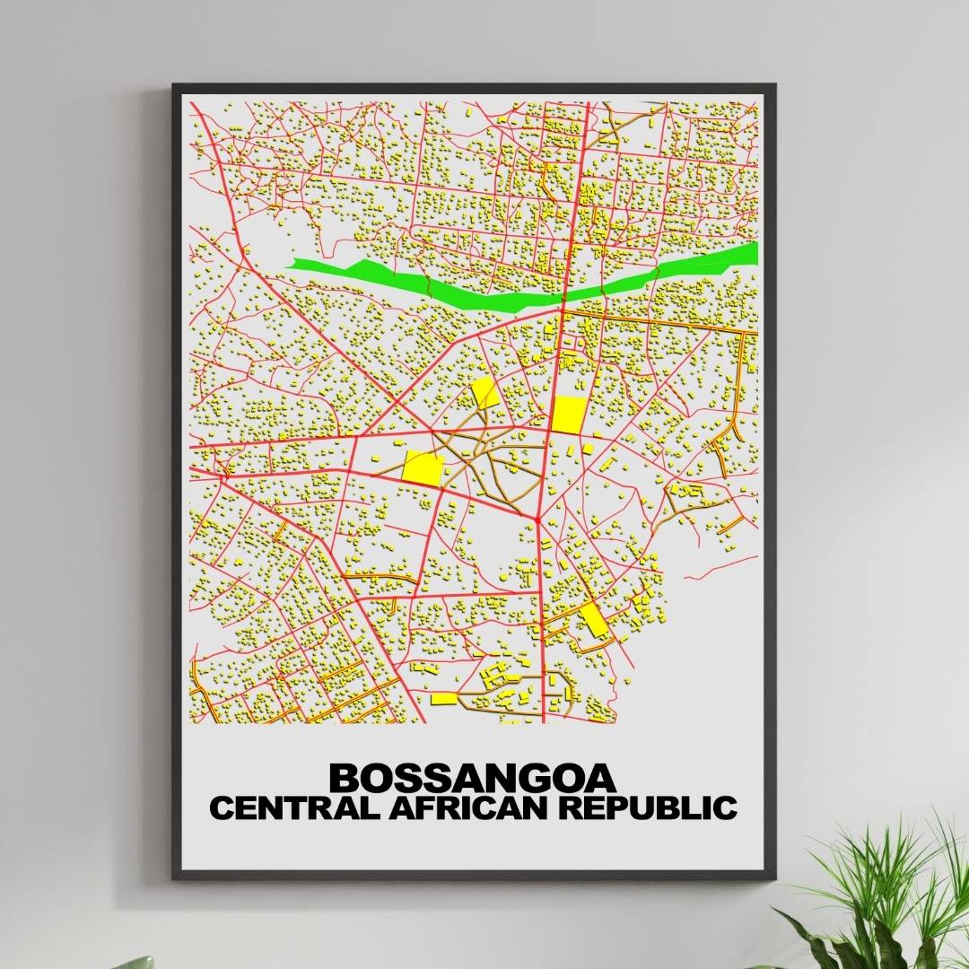 COLOURED ROAD MAP OF BOSSANGOA, CENTRAL AFRICAN REPUBLIC BY MAPBAKES