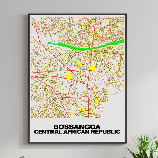 COLOURED ROAD MAP OF BOSSANGOA, CENTRAL AFRICAN REPUBLIC BY MAPBAKES