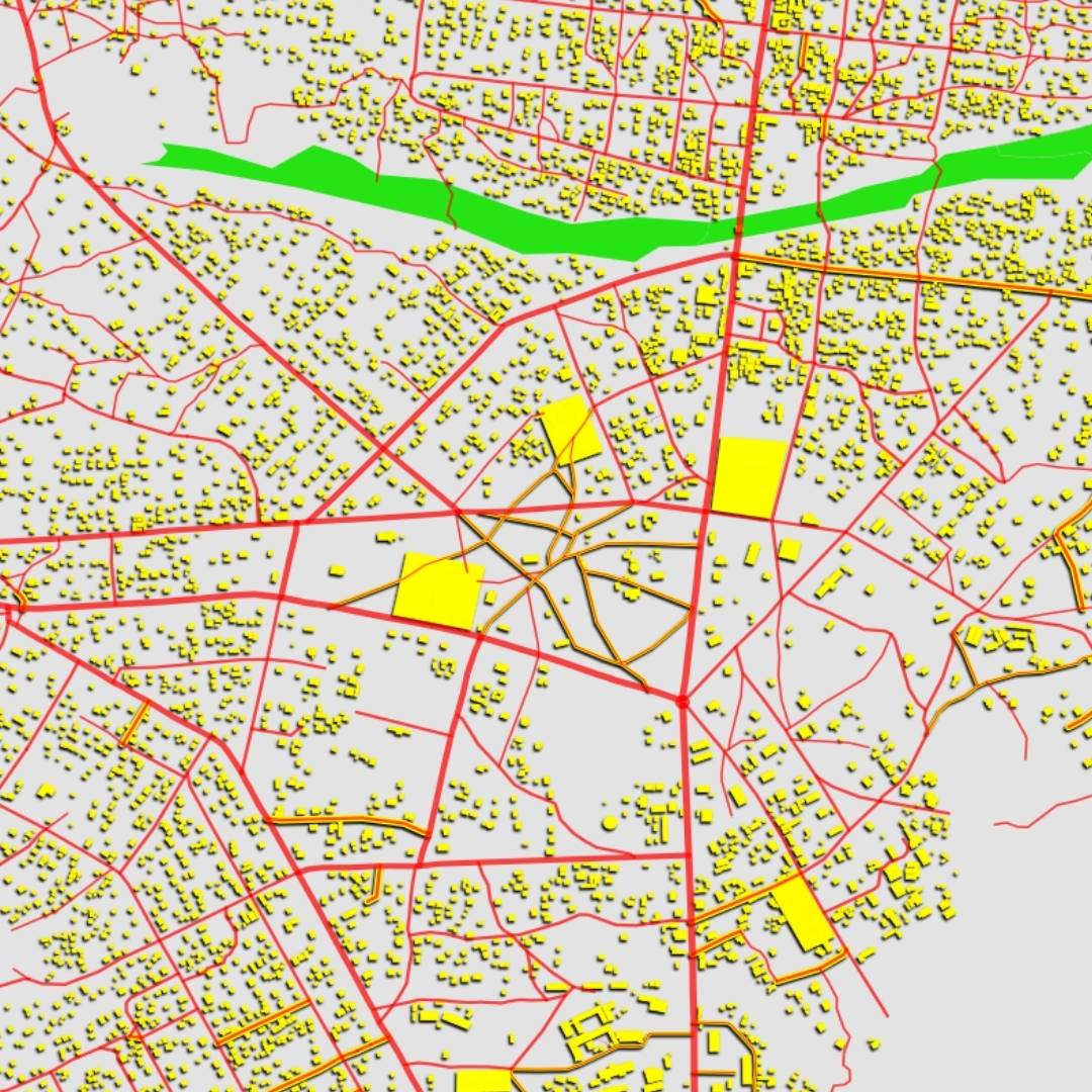COLOURED ROAD MAP OF BOSSANGOA, CENTRAL AFRICAN REPUBLIC BY MAPBAKES