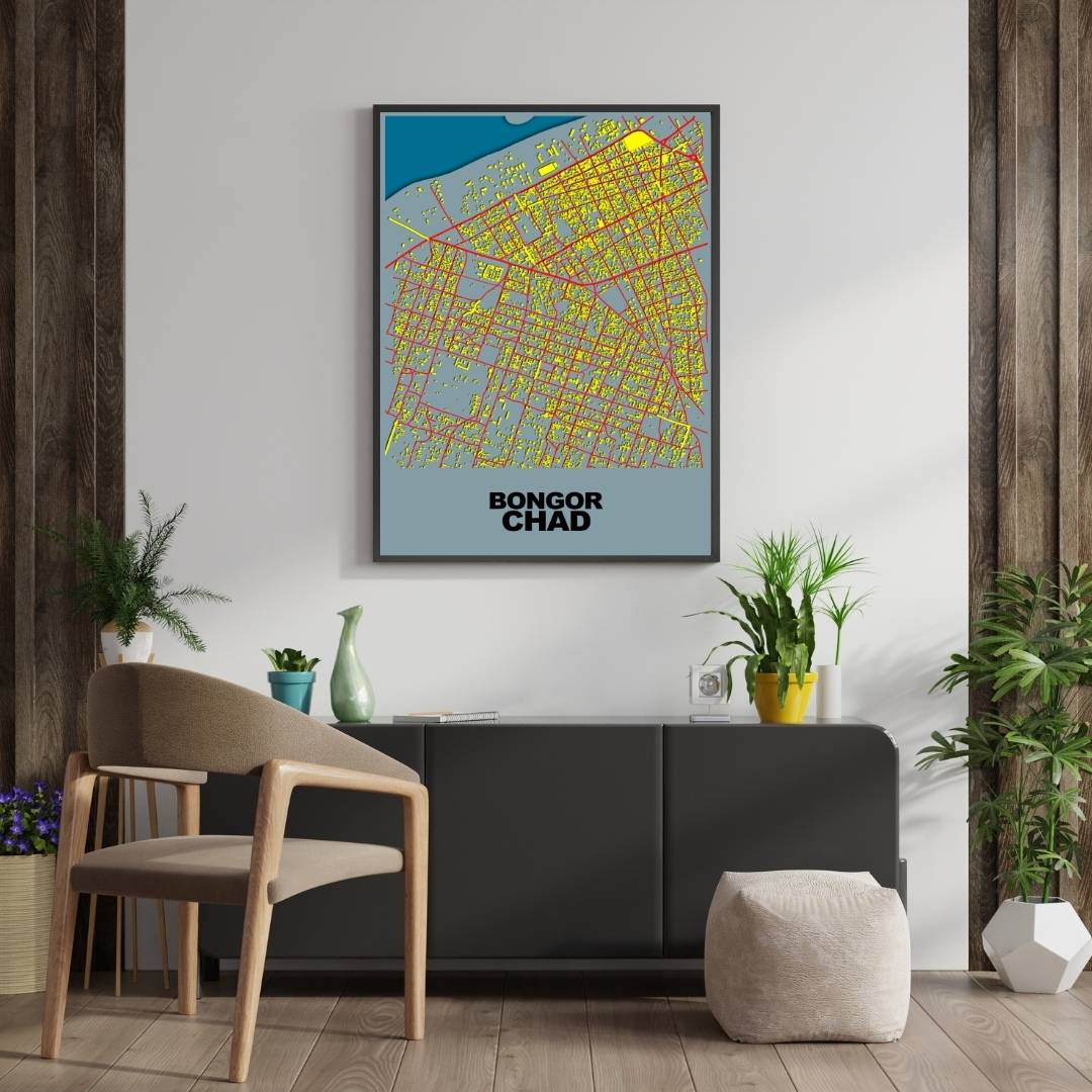 COLOURED ROAD MAP OF BONGOR, CHAD BY MAPBAKES