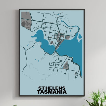 COLOURED ROAD MAP OF ST HELENS, TASMANIA BY MAPBAKES