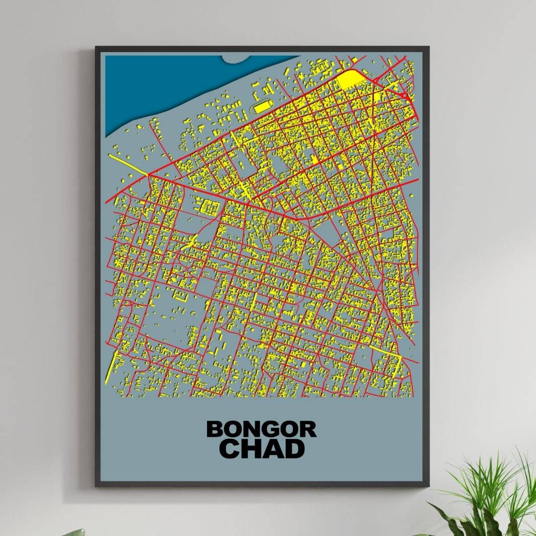 COLOURED ROAD MAP OF BONGOR, CHAD BY MAPBAKES