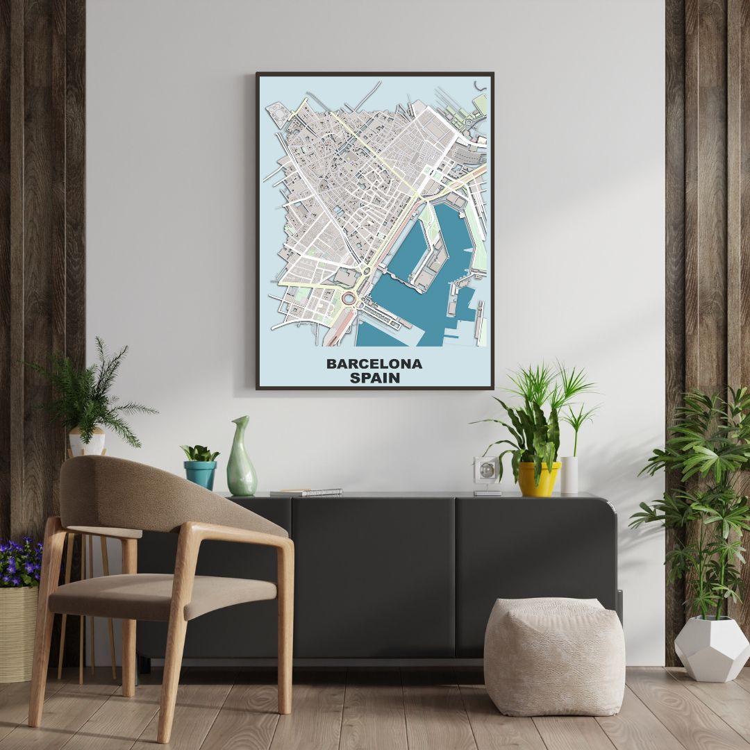 COLOURED ROAD MAP OF BARCELONA, SPAIN BY MAPBAKES