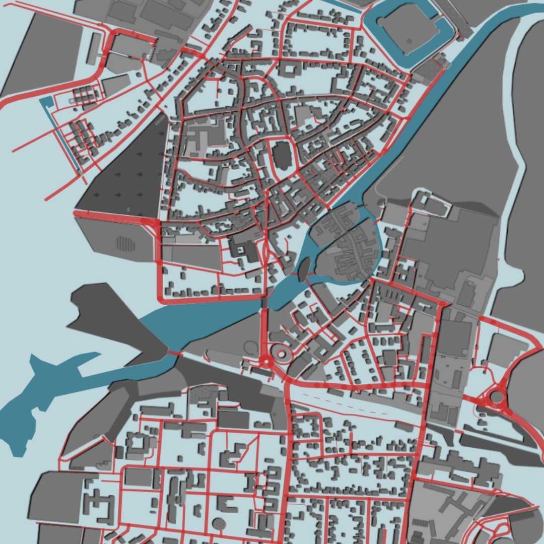 COLOURED ROAD MAP OF RIBE, DENMARK BY MAPBAKES