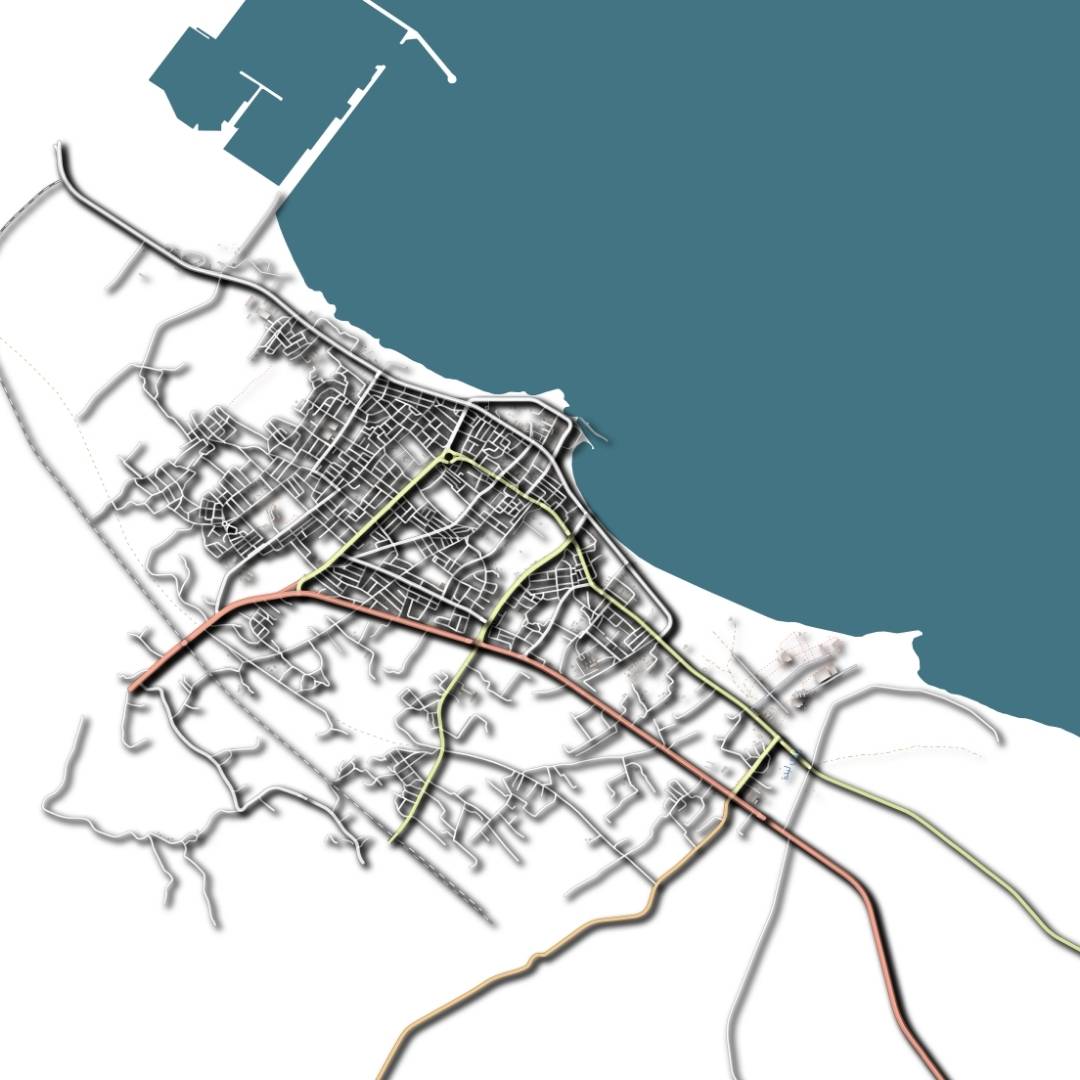 COLOURED ROAD MAP OF KHOMS, LIBYA BY MAPBAKES