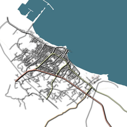 COLOURED ROAD MAP OF KHOMS, LIBYA BY MAPBAKES