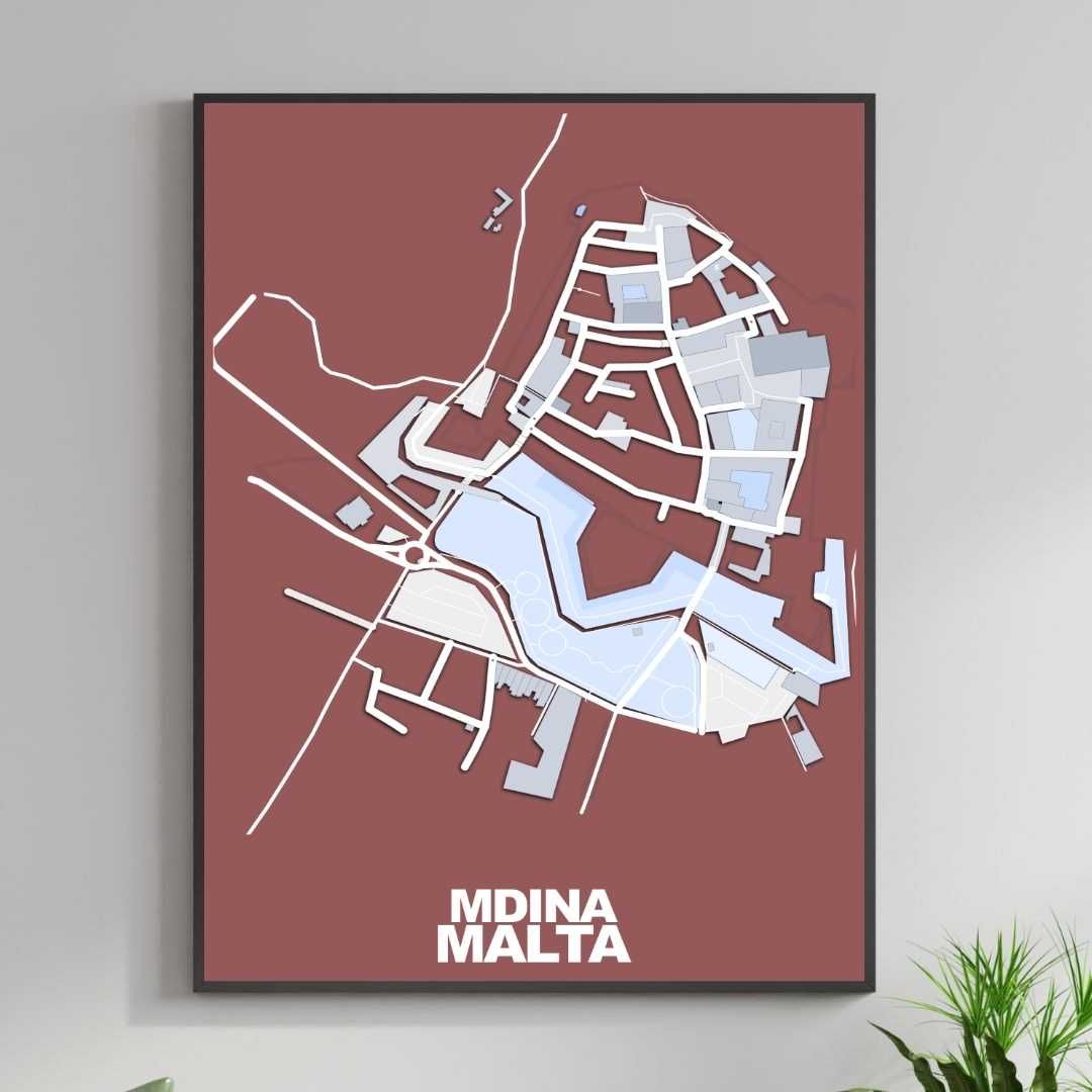 COLOURED ROAD MAP OF MDINA, MALTA BY MAPBAKES