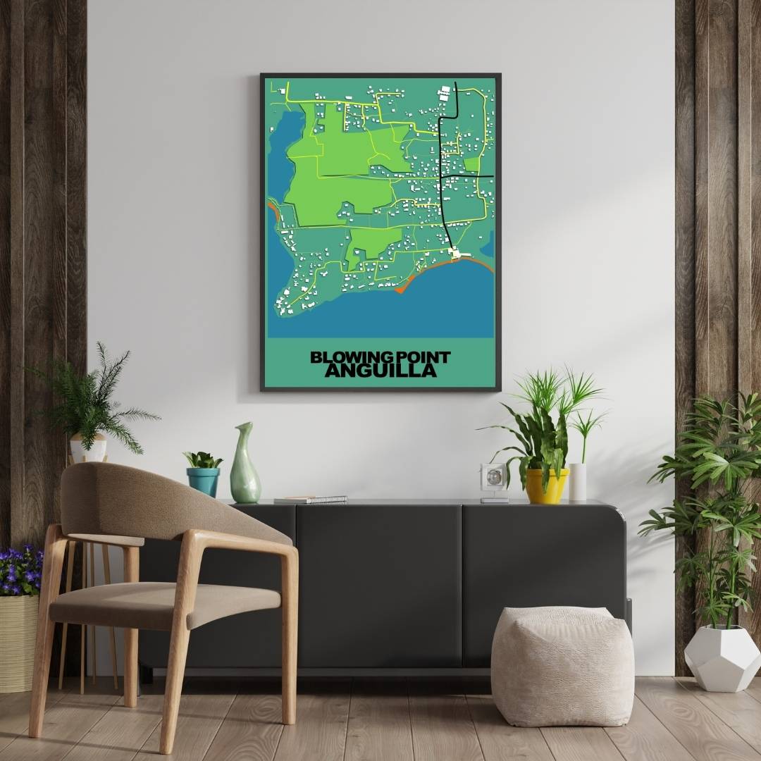 COLOURED ROAD MAP OF BLOWING POINT, ANGUILLA BY MAPBAKES