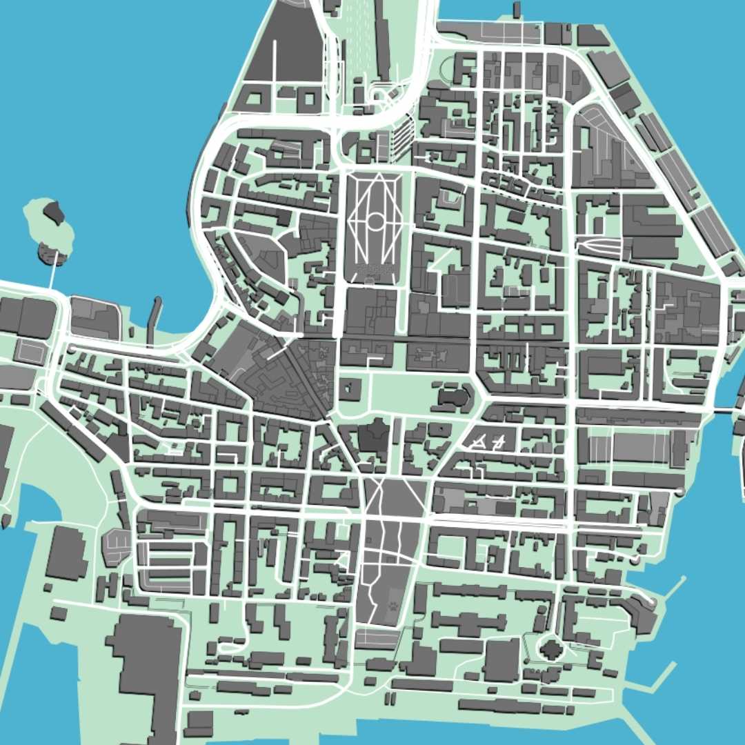 COLOURED ROAD MAP OF KARLSKRONA, SWEDEN BY MAPBAKES