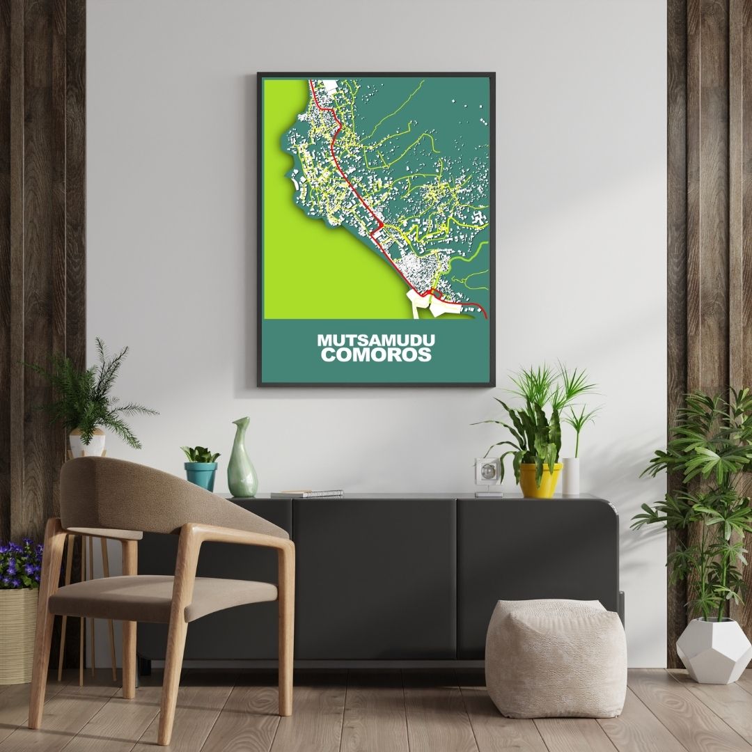 COLOURED ROAD MAP OF MUTSAMUDU, COMOROS BY MAPBAKES