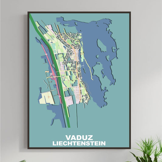 COLOURED ROAD MAP OF VADUZ, LIECHTENSTEIN BY MAPBAKES