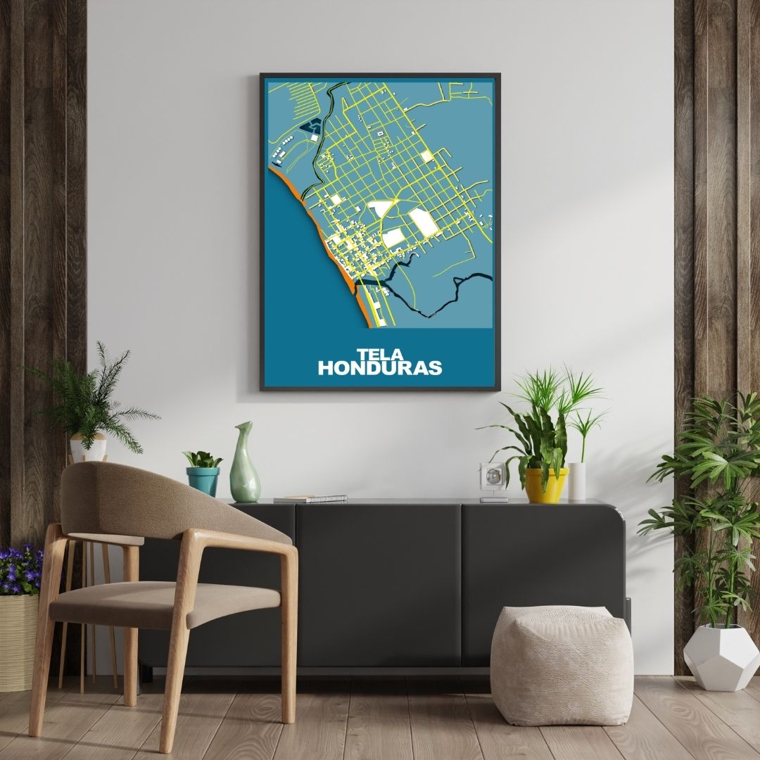 COLOURED ROAD MAP OF TELA, HONDURAS BY MAPBAKES