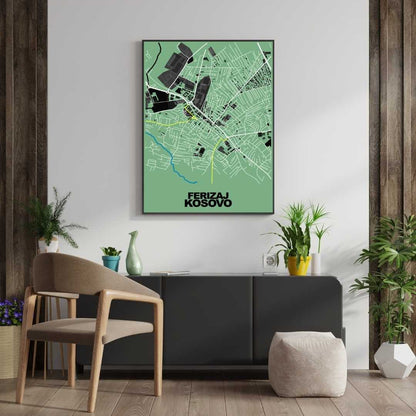 COLOURED ROAD MAP OF FERIZAJ, KOSOVO BY MAPBAKES