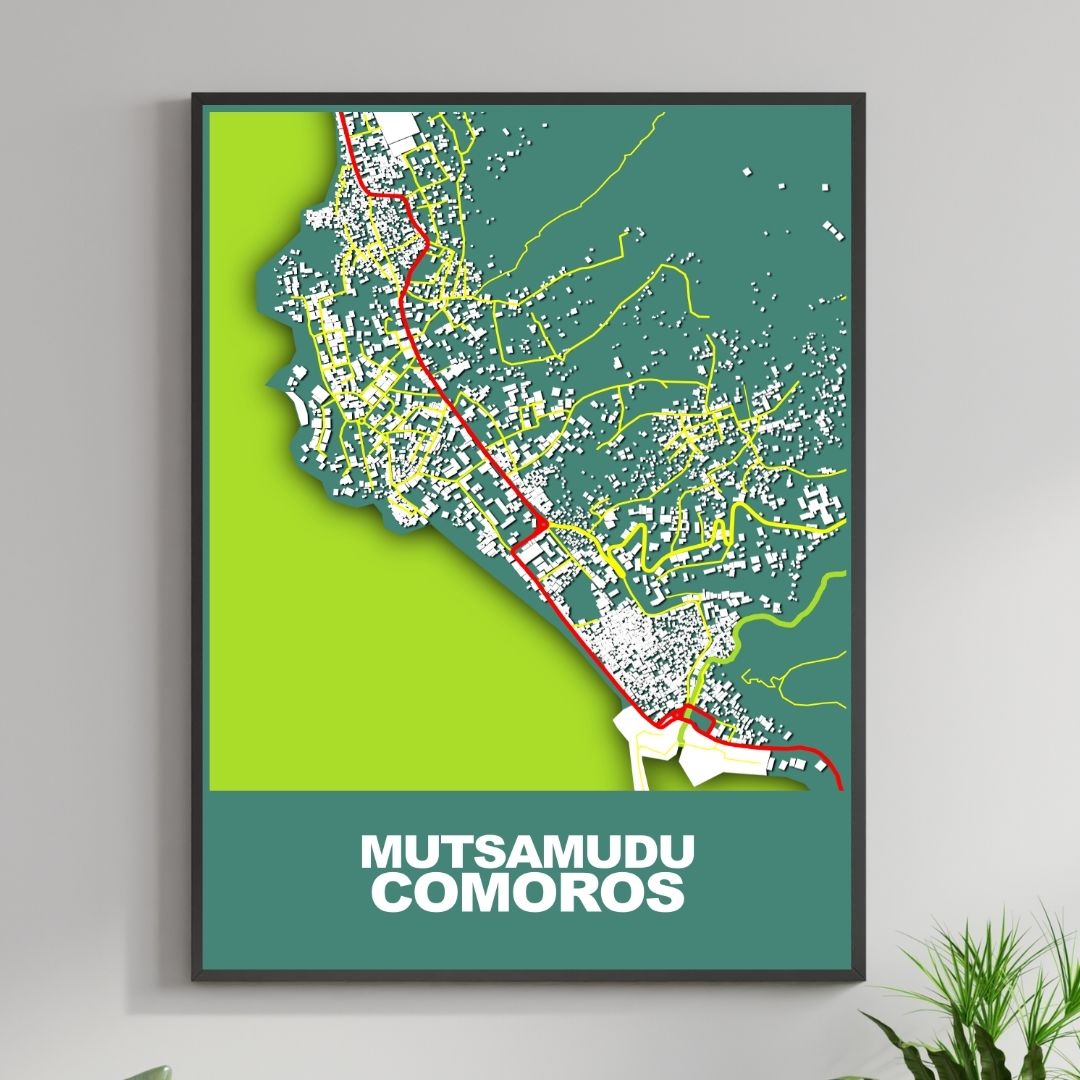 COLOURED ROAD MAP OF MUTSAMUDU, COMOROS BY MAPBAKES