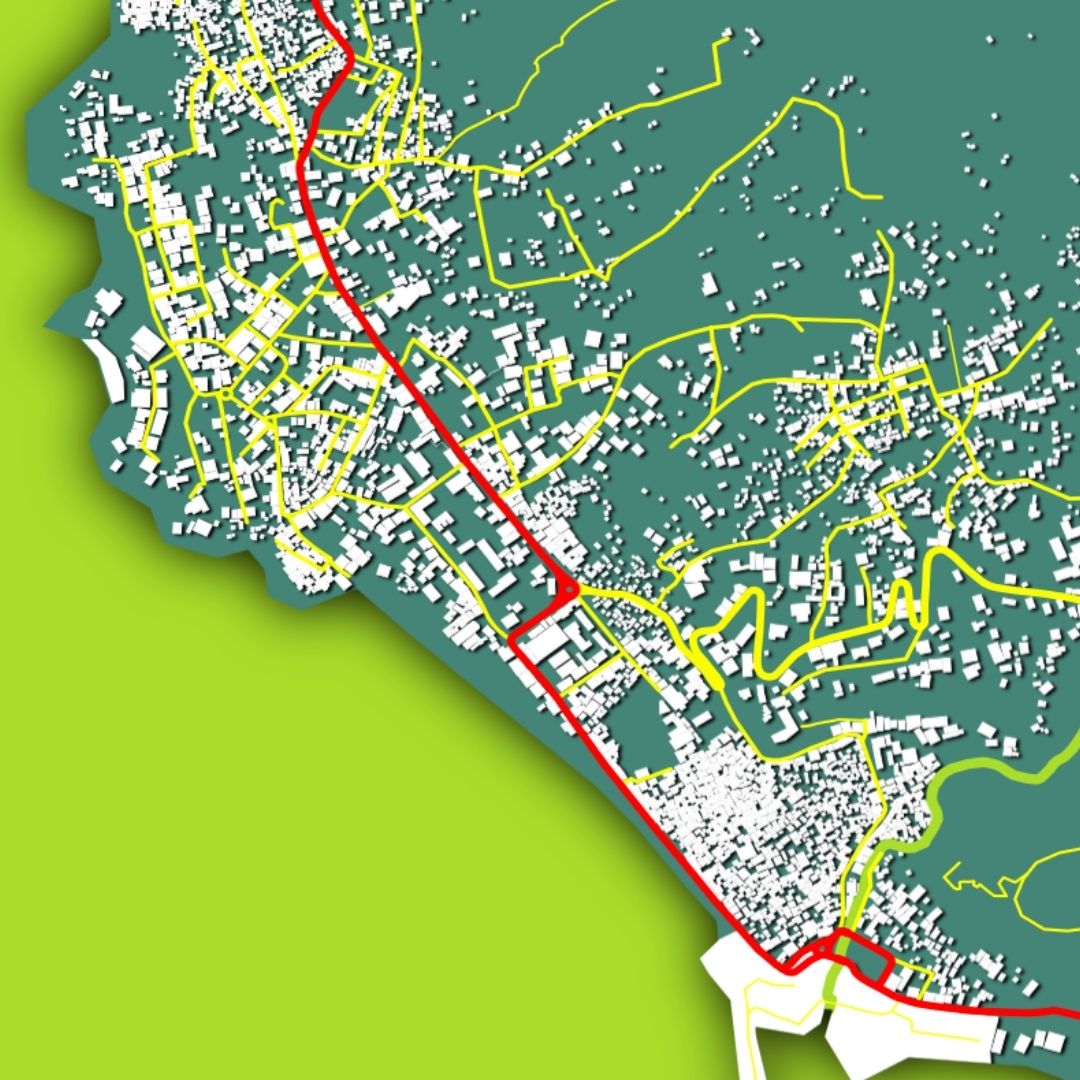 COLOURED ROAD MAP OF MUTSAMUDU, COMOROS BY MAPBAKES