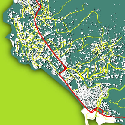 COLOURED ROAD MAP OF MUTSAMUDU, COMOROS BY MAPBAKES