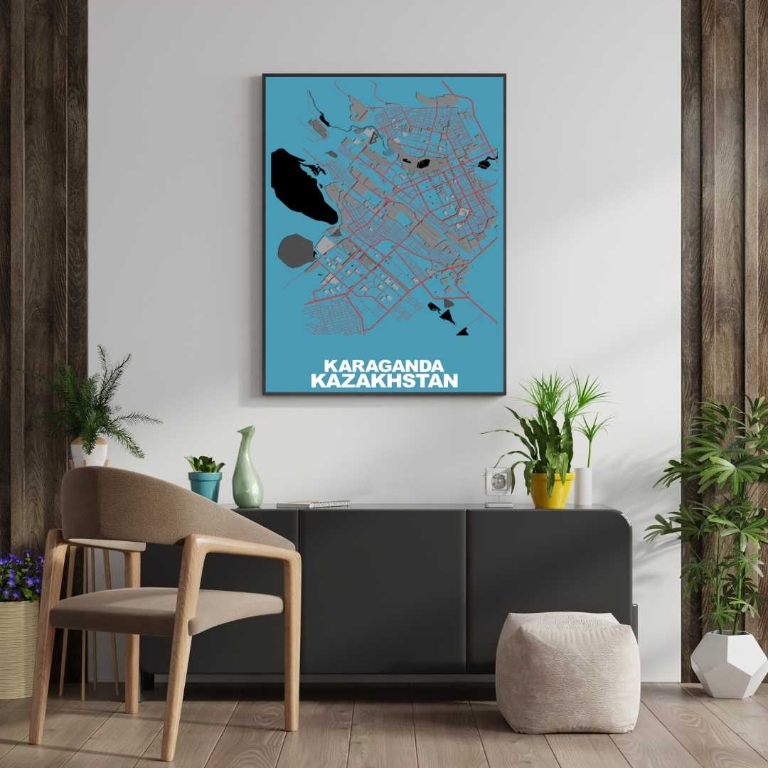 COLOURED ROAD MAP OF KARAGANDA, KAZAKHSTAN BY MAPBAKES