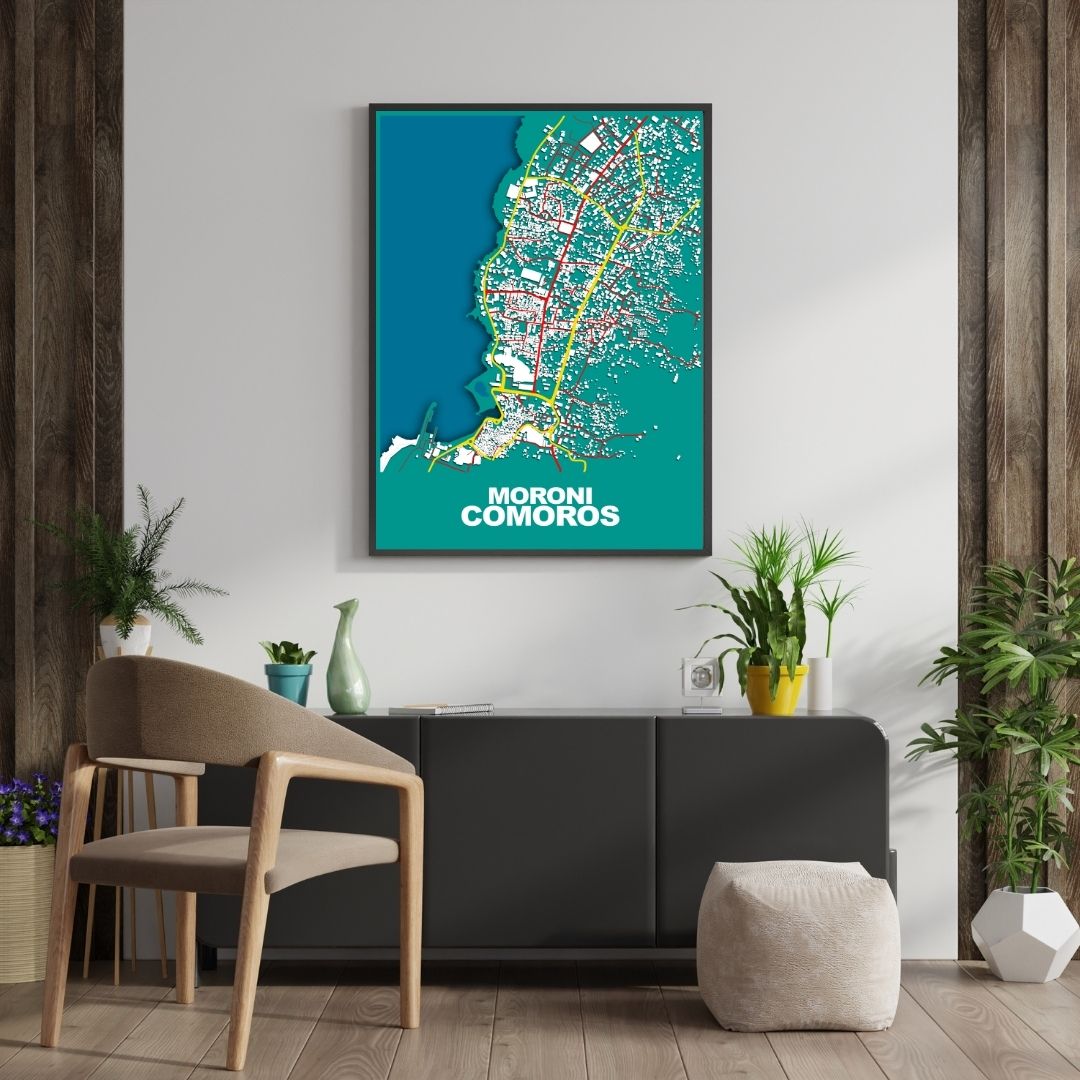COLOURED ROAD MAP OF MORONI, COMOROS BY MAPBAKES