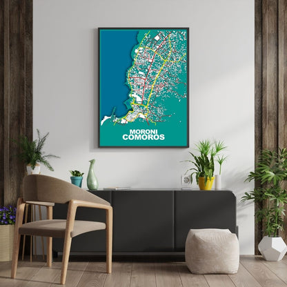 COLOURED ROAD MAP OF MORONI, COMOROS BY MAPBAKES