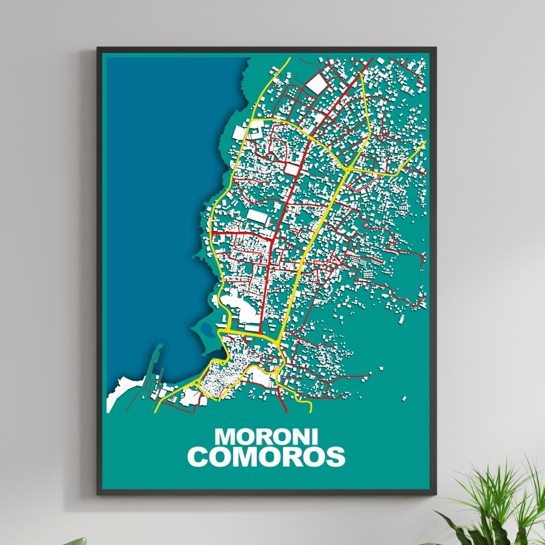COLOURED ROAD MAP OF MORONI, COMOROS BY MAPBAKES