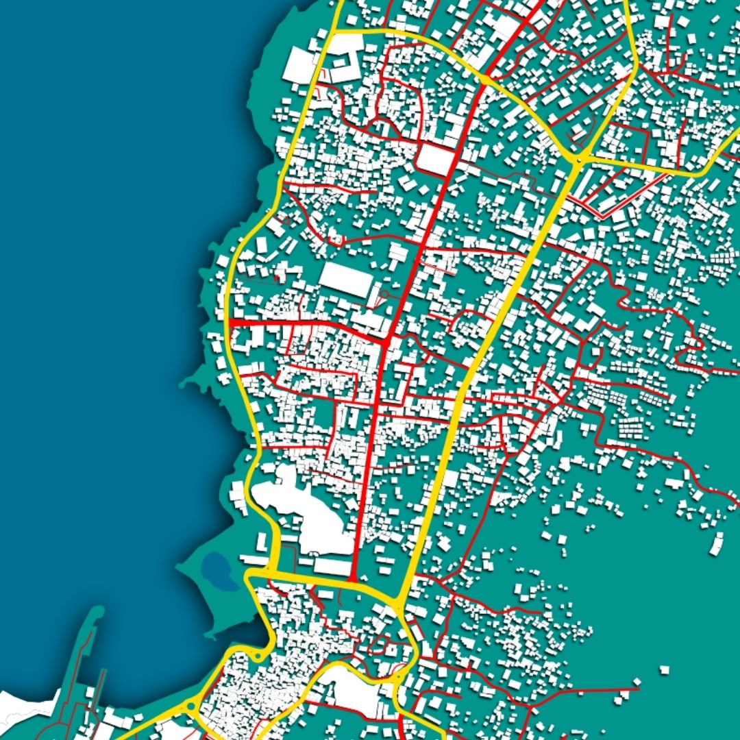 COLOURED ROAD MAP OF MORONI, COMOROS BY MAPBAKES