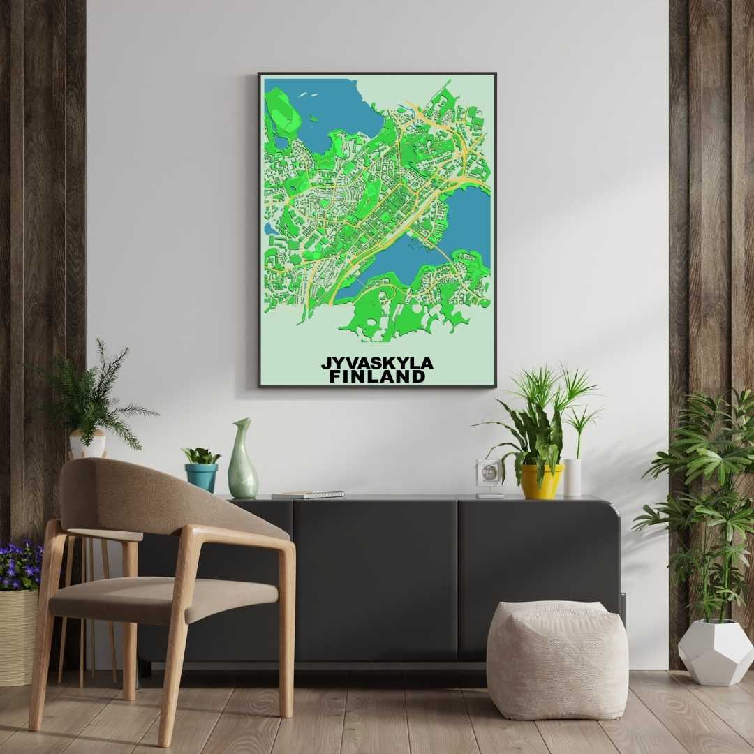 COLOURED ROAD MAP OF JYVASKYLA, FINLAND BY MAPBAKES